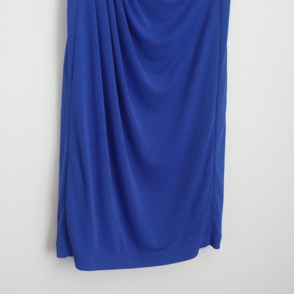 Ruched Blue Midi Dress Slinky Cowl Neckline Liquid Knit Office Day Evening Party - Picture 4 of 9